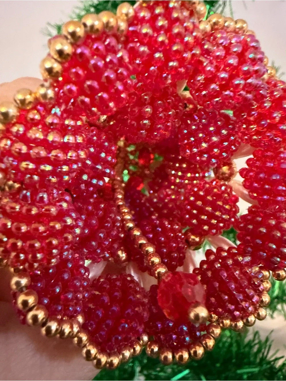 Vintage Christmas Beaded Velvet Bell Bauble Ornaments Small Red Set Of 2 Hanging